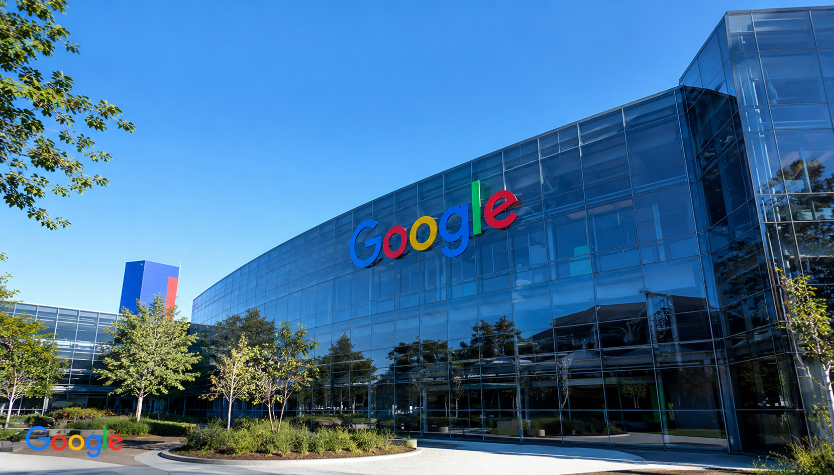 Campus corporativo iluminado de noche, en tonos navy con acento ámbar — la escala de la inversión de Alphabet en infraestructura