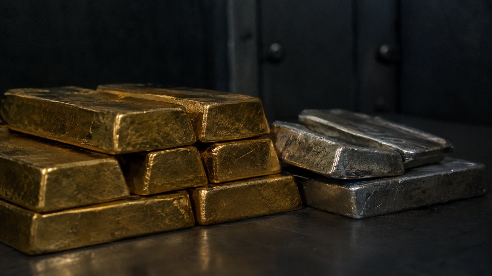 Siete lingotes de oro apilados sobre una mesa de metal oscuro, con tres lingotes de plata apoyados a la derecha. El metal está sin pulir, con la textura de la colada a la vista. Detrás, la puerta cerrada de una bóveda.